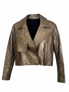 PI Poleci Metallic Bronze Thick Leather Cropped Jacket Small NWOT